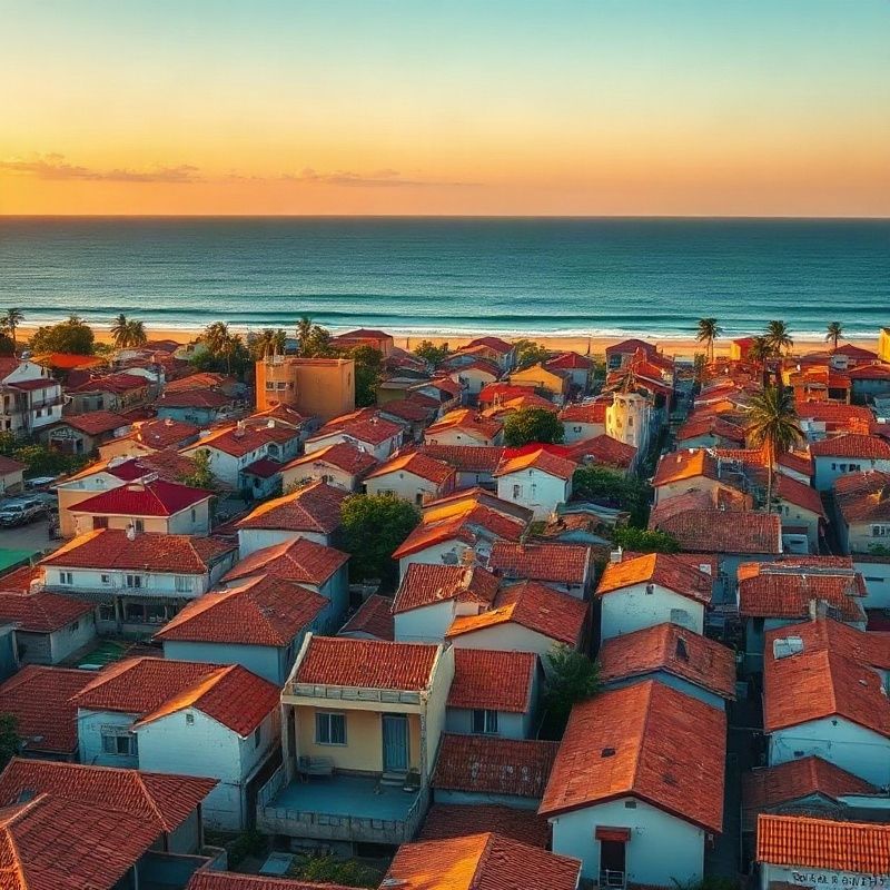 Aerial view of Mombasa's coastal skyline at golden hour with the azure Indian Ocean behind ochre-toned rooftops