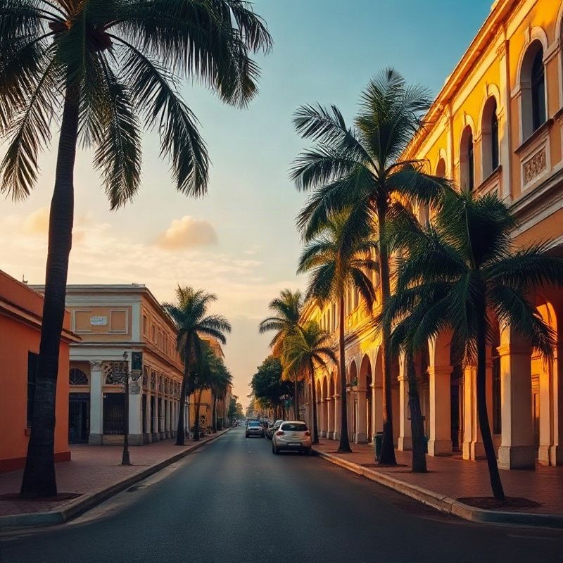 Nkrumah Road, Mombasa, in golden morning light with palm-lined ochre facades
