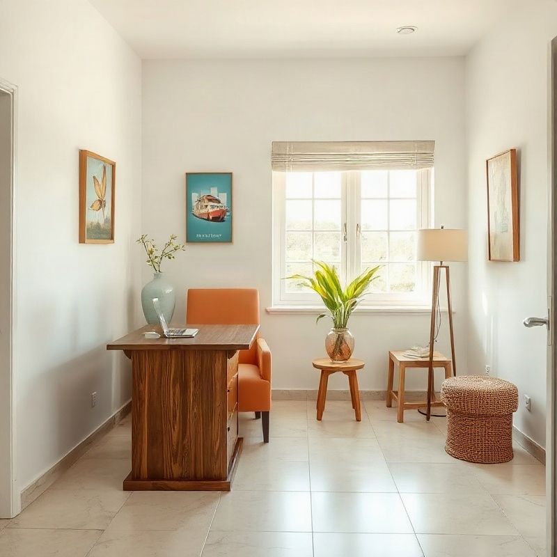 Interior of a boutique real estate office on Nkrumah Road, Mombasa, with azure accent decor and warm timber desk
