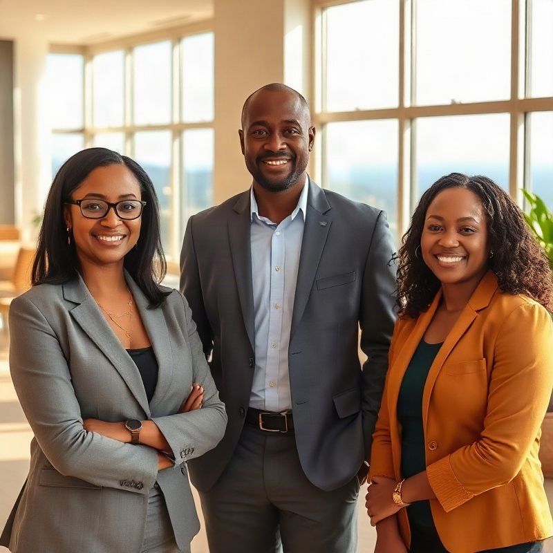 Small boutique real estate advisory team in a bright Mombasa office with natural coastal light