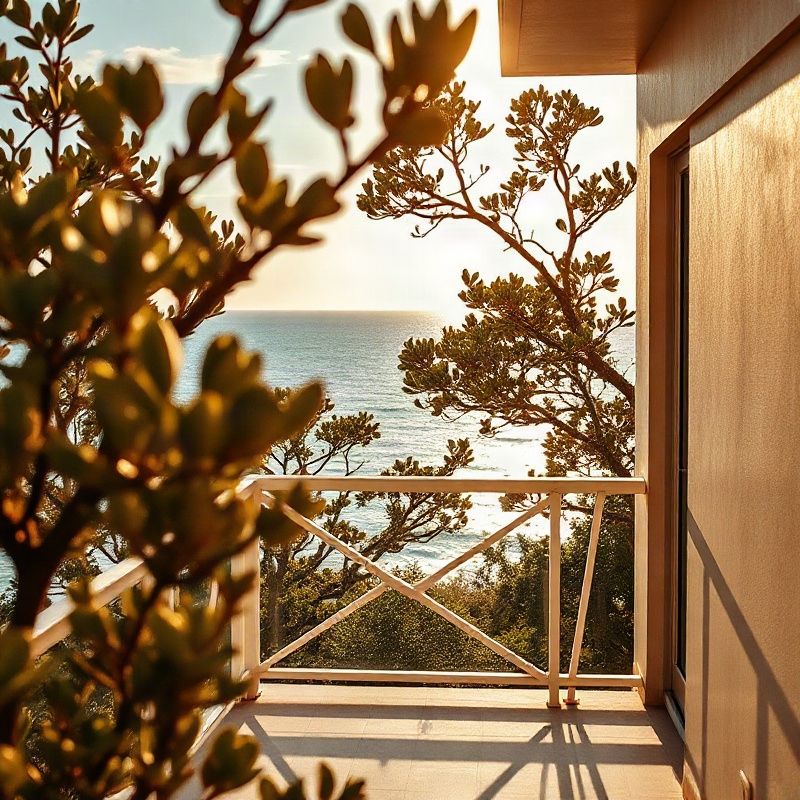 Modern apartment balcony overlooking Mombasa's azure coastline in golden morning light